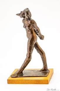 JOHN NICK PAPPAS (AMERICAN 1927-18) BRONZE SCULPTURE 1971, H 11" L 6" WALKING NUDE FEMALE: JOHN NICK PAPPAS (AMERICAN 1927-18) BRONZE SCULPTURE 1971, H 11" L 6" WALKING NUDE FEMALE Walking nude female with her head turned. Signed and dated on base, mounted on wood base. W 3.5". Pappas