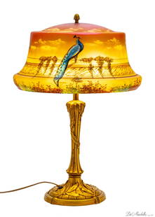 AMERICAN PAINTED BELL-FORM GLASS AND BRASS TABLE LAMP, 20TH C., H 23", DIA 16": AMERICAN PAINTED BELL-FORM GLASS AND BRASS TABLE LAMP, 20TH C., H 23", DIA 16" Having a painted glass shade decorated with peacocks atop a brass base. Unmarked and unsigned.