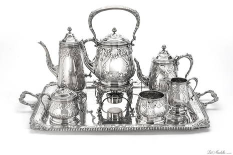 DURHAM (NEW YORK), STERLING SILVER COFFEE SERVICE, 7 PCS L 28" INCLUDING TRAY: DURHAM (NEW YORK), STERLING SILVER COFFEE SERVICE, 7 PCS L 28" INCLUDING TRAY Sterling Durham hand chased tray 28.5" x 18" (131 tr. oz). Hot water kettle 15" (57.5Tr.OZ.), Coffeepot 11"