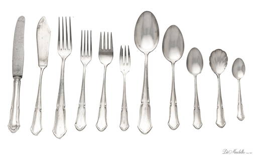 "800" GERMAN SILVER FLATWARE SET C 1920, 139 PCS.: "800" GERMAN SILVER FLATWARE SET C 1920, 139 PCS. 11 knives 8 1/4" (blades are good), 12 forks 8 1/4", 12 luncheon forks 7", 11 soup spoons 8 1/4", 13 fish knives 8 1/4", 12 dessert forks 5 3/4", 12