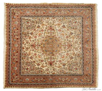 TABRIZ SILK AND WOOL FINE CARPET W 6'5" L 6'7": TABRIZ SILK AND WOOL FINE CARPET W 6'5" L 6'7" .A fine Persian Tabriz wool and silk carpet. Boasting a palette of ivory, navy, and coral tones. Ends in natural warp ivory tone fringe. Contemporary