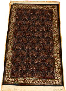 PERSIAN BIDGAR HAND WOVEN WOOL RUG C. 1950 W 3' L 5': PERSIAN BIDGAR HAND WOVEN WOOL RUG C. 1950 W 3' L 5' Navy field and ivory color border. Finely woven in a paisley design. All wool. Provenance: Property of a Bloomfield Hills, MI estate.