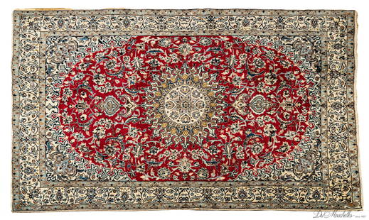 PERSIAN NAIN HANDWOVEN WOOL WITH SILK HIGHLIGHTS RUG, C. 1990, W 6' 5", L 9' 4": PERSIAN NAIN HANDWOVEN WOOL WITH SILK HIGHLIGHTS RUG, C. 1990, W 6' 5", L 9' 4" Finely woven with strong colors. Having a red field with an ivory border and overall floral and vine designs.