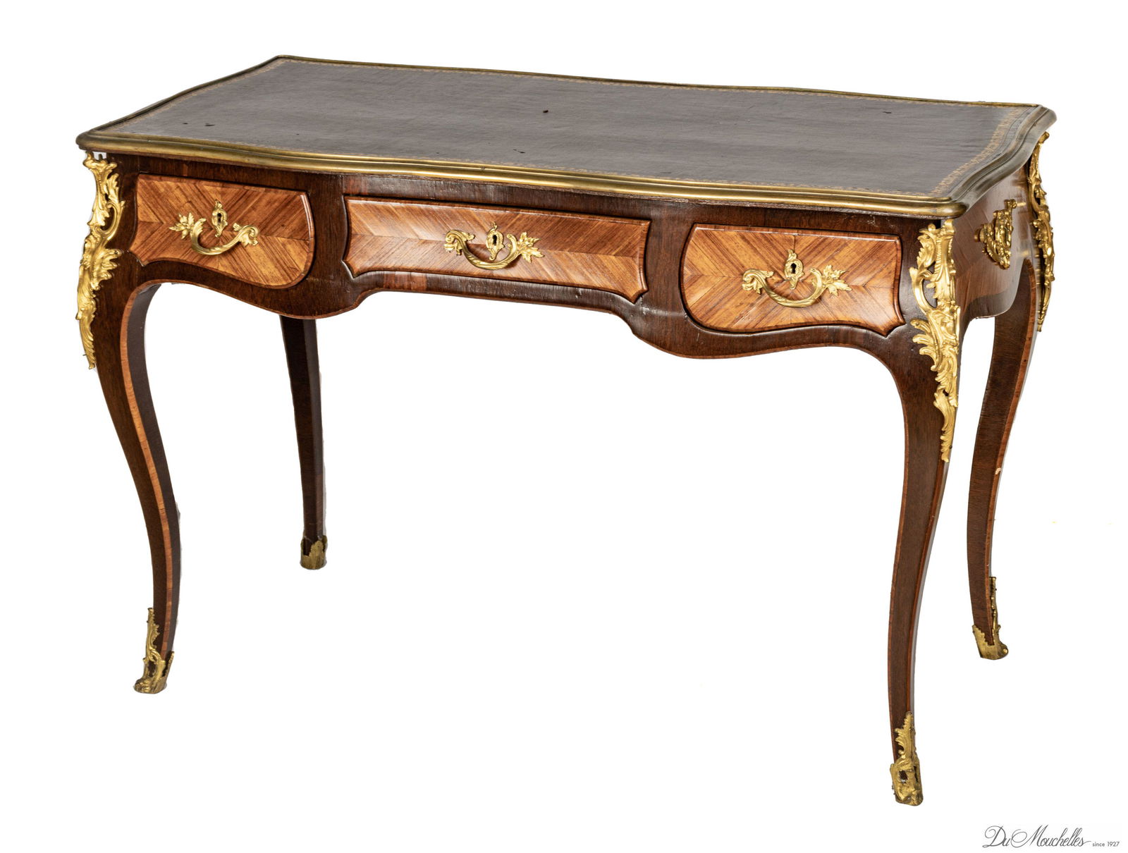LOUIS XV STYLE INLAID FRUITWOOD AND KINGWOOD BUREAU PLAT, BRONZE ORMOLU MOUNTS, 19TH C, H 30", L 45" (1 of 4)