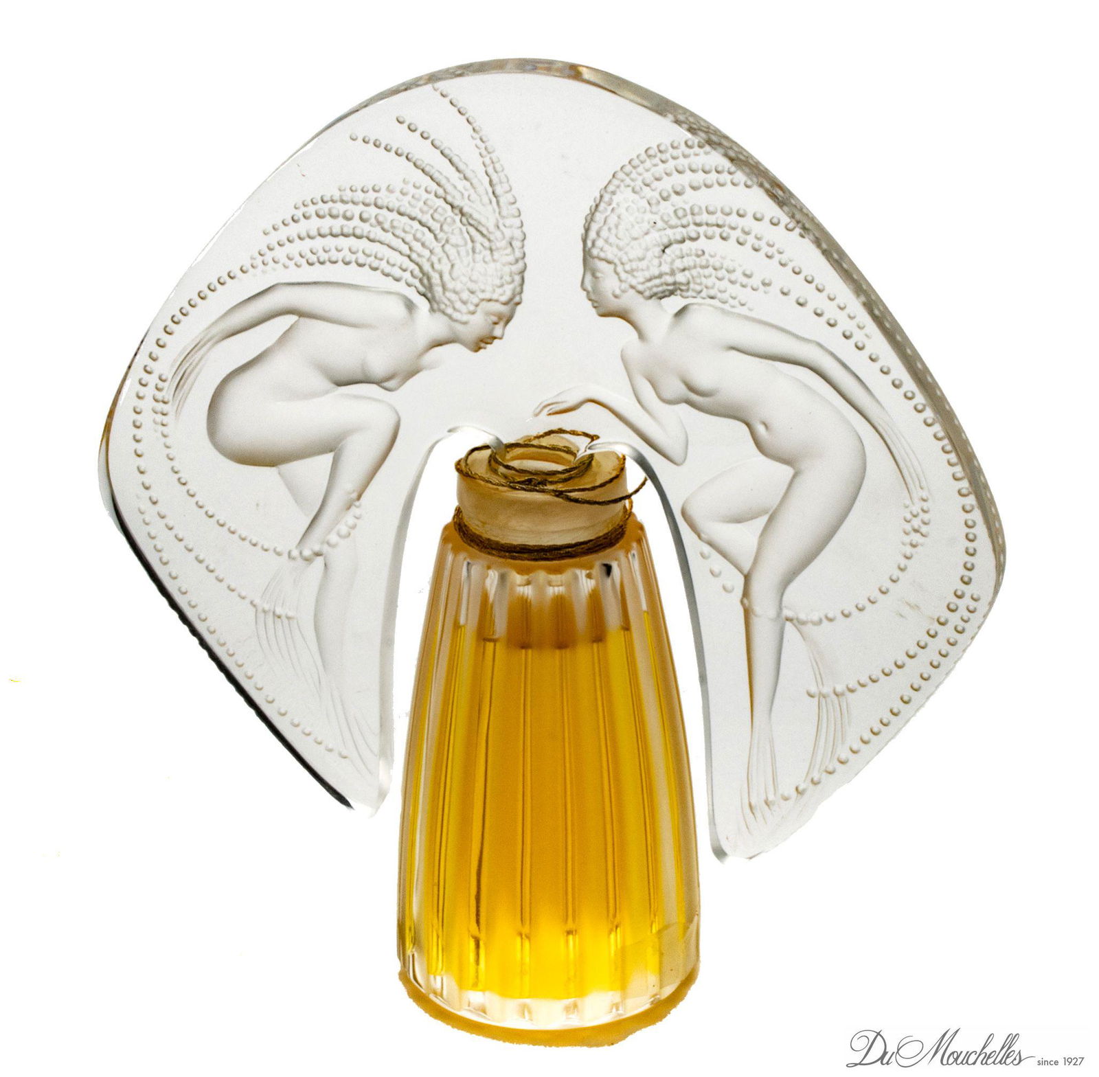 LALIQUE CRYSTAL PERFUME BOTTLE,  H 5" W 5" DANCING NUDES (1 of 6)