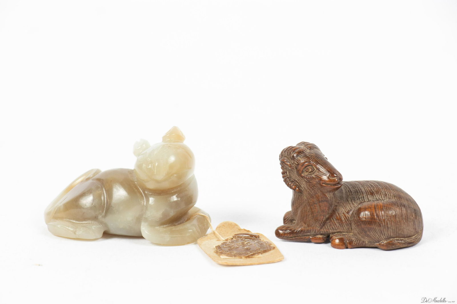 CHINESE JADE CAT & CARVED NUT RAM, 2 PCS, L 1.5"-1.75", T.W. 47 GR (1 of 3)