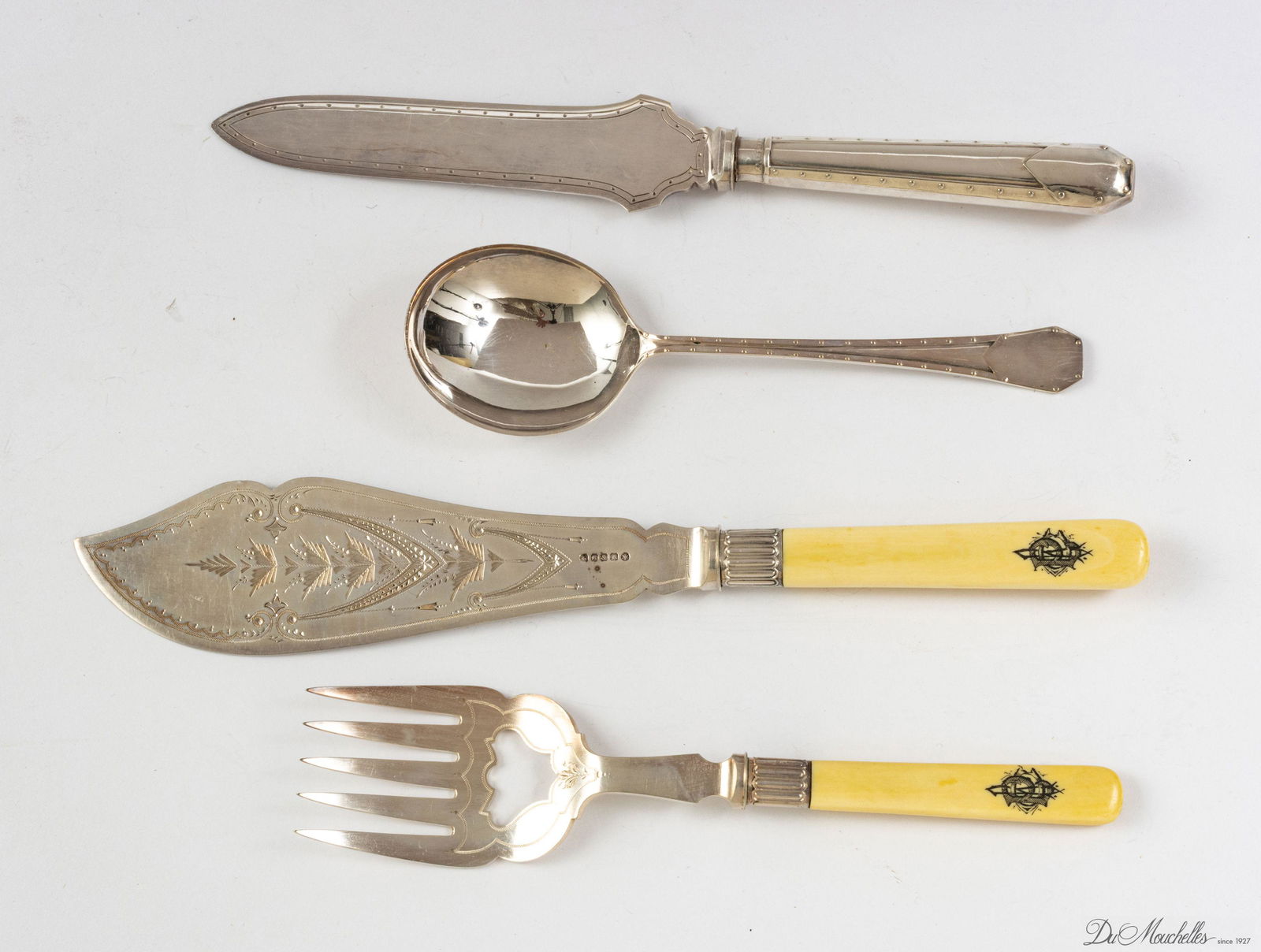 FISH SERVING SET BY H B & H; FISH SERVING KNIFE AND SPOON, C 1900 4 PCS. (1 of 4)