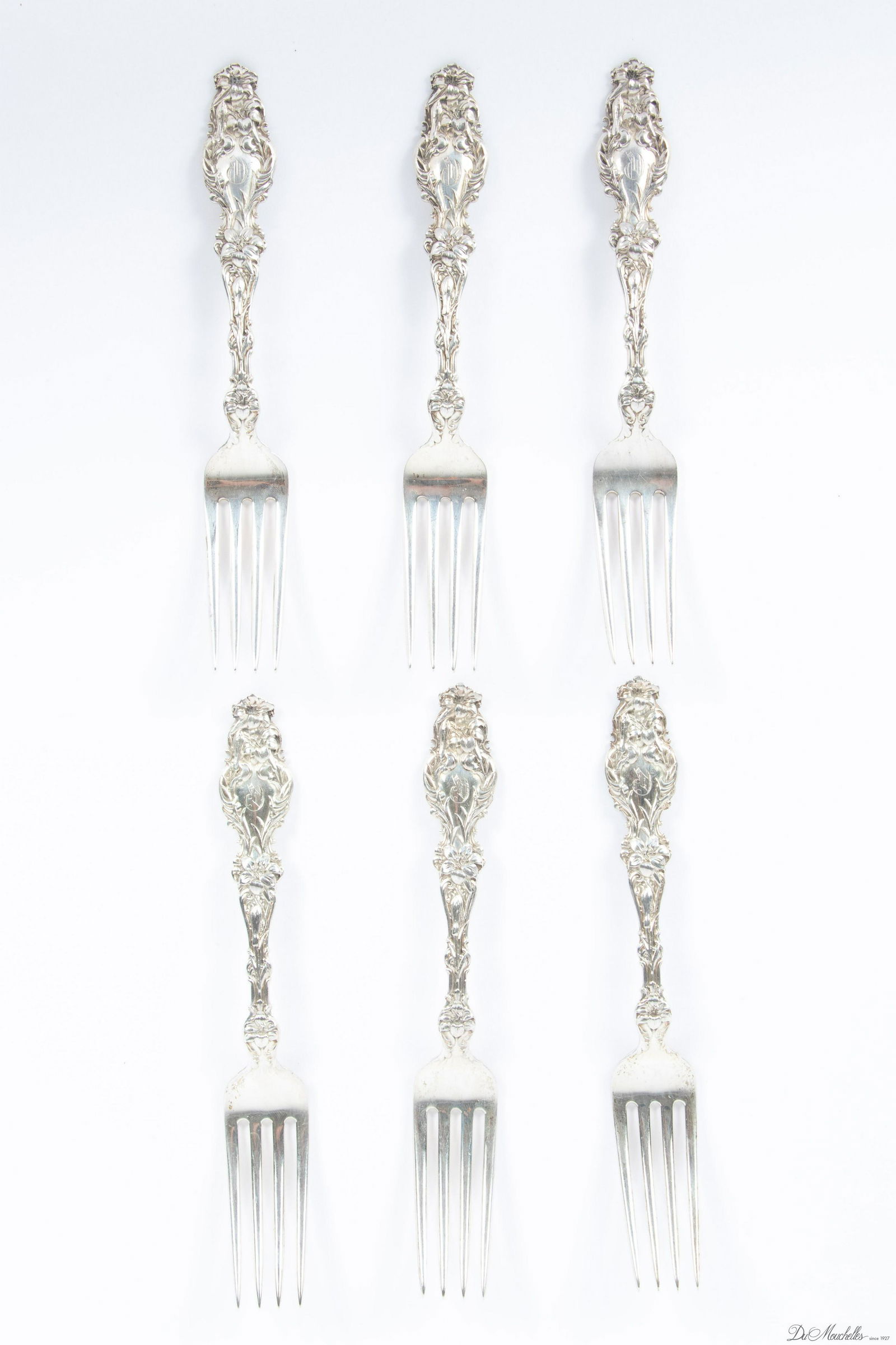 WHITING GORHAM STERLING SILVER "LILY" FORKS SET OF SIX, 9.6TR OZ L 6 3/4" (1 of 2)