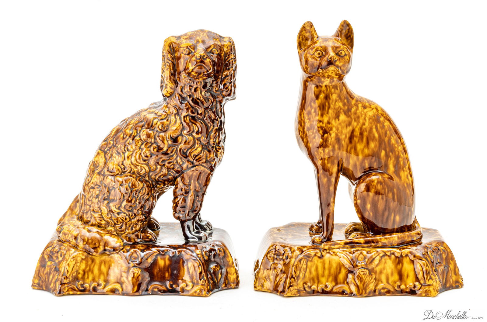ROCKINGHAM  GLAZED YELLOW WARE CAT AND DOG, C 1860, TWO H 10 3/4" W 8 3/4" (1 of 6)