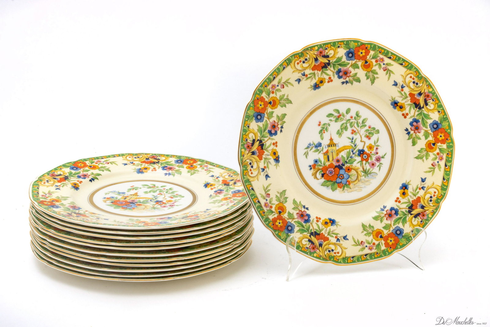 GRINDLEY TUNSTEL, ENGLAND SERVICE PLATES, PAGODA MOTIF SET OF 12 DIA 10 1/2 ': GRINDLEY TUNSTEL, ENGLAND SERVICE PLATES, PAGODA MOTIF SET OF 12 DIA 10 1/2 ' Very beautiful plates with red flower and pagoda. From a Bloomfield Hills collector.
