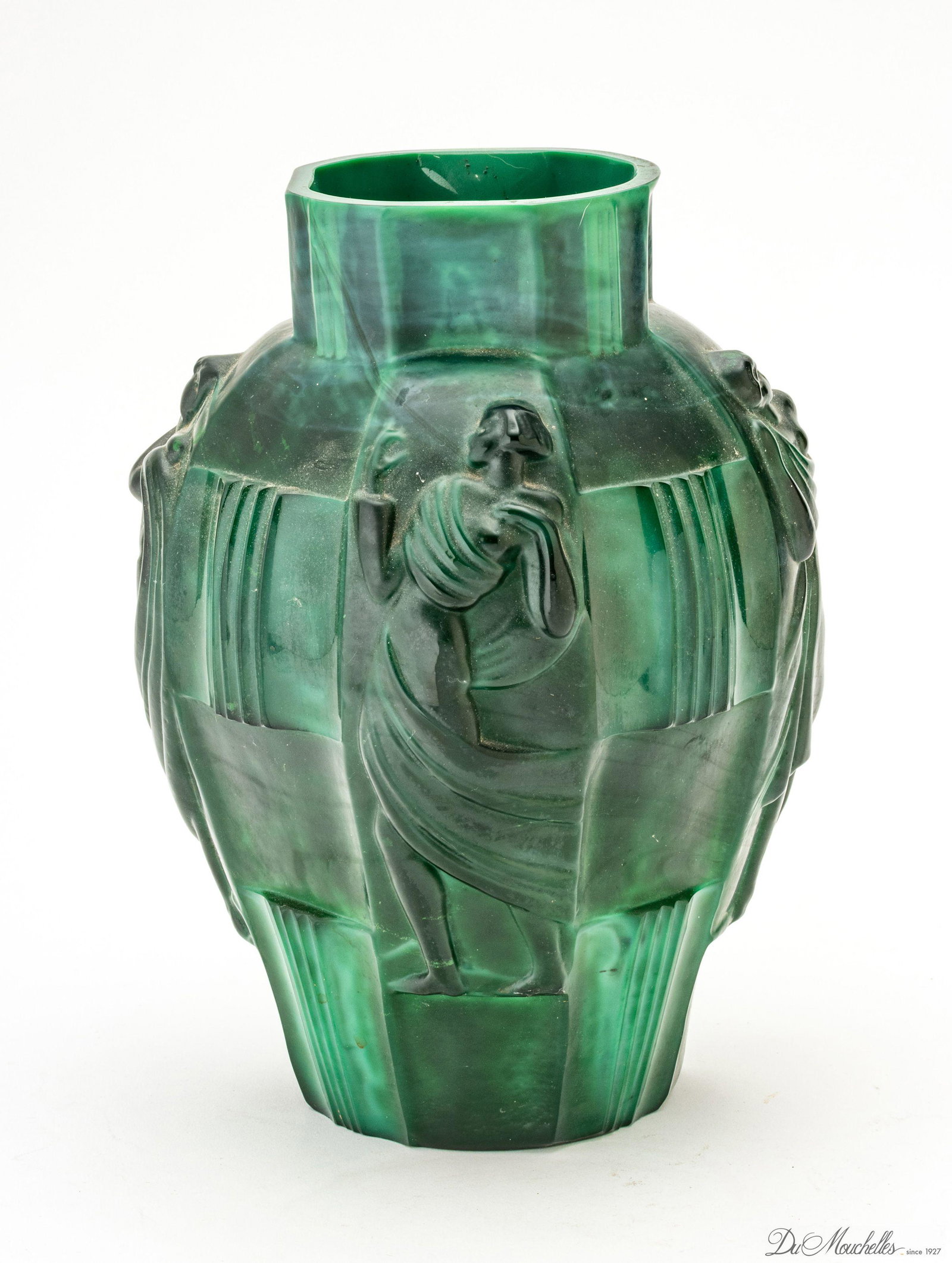 CZECHOSLOVAKIAN ART DECO STYLE MALACHITE GLASS VASE, 20TH C., H 9.75", DIA 7": CZECHOSLOVAKIAN ART DECO STYLE MALACHITE GLASS VASE, 20TH C., H 9.75", DIA 7" Having relief semi-nude female figures. No apparent makers mark. Provenance: Property of a Grosse Ile, MI estate.