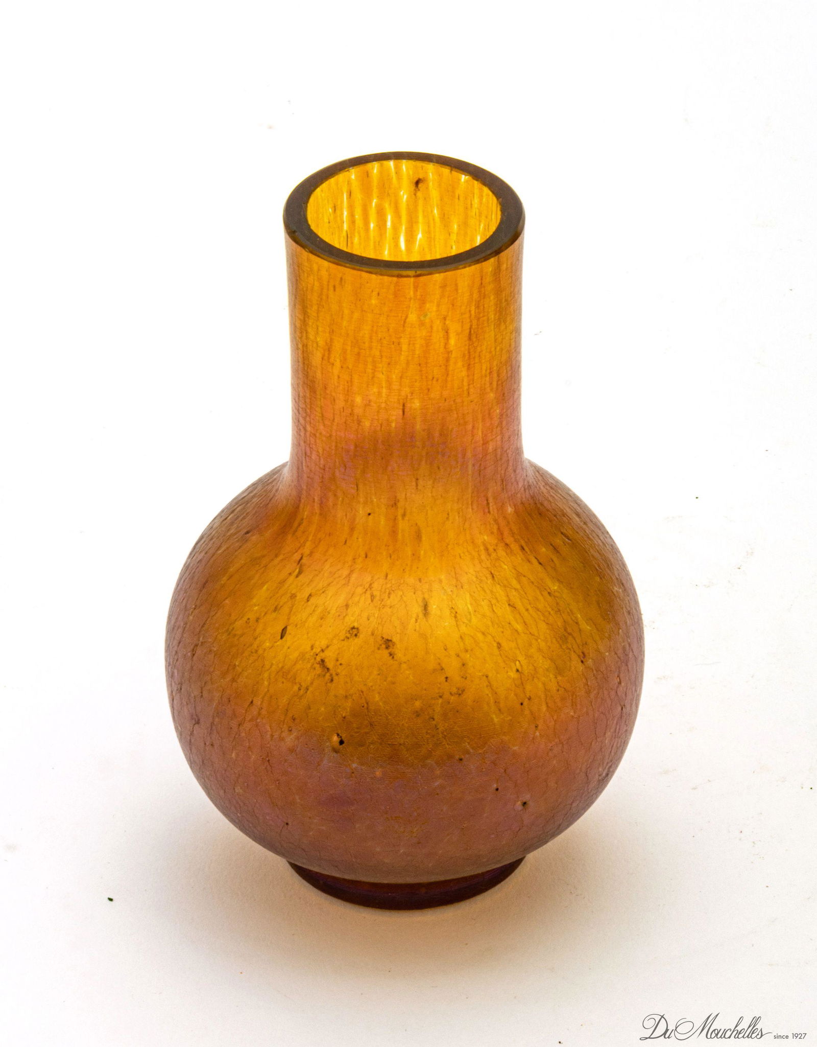 LOETZ STYLE IRIDESCENT ART GLASS VASE, 20TH C., H 4.75", DIA 3": LOETZ STYLE IRIDESCENT ART GLASS VASE, 20TH C., H 4.75", DIA 3" Having an amber tone iridescent color. No apparent makers mark. Provenance: Property of a Grosse Ile, MI estate.