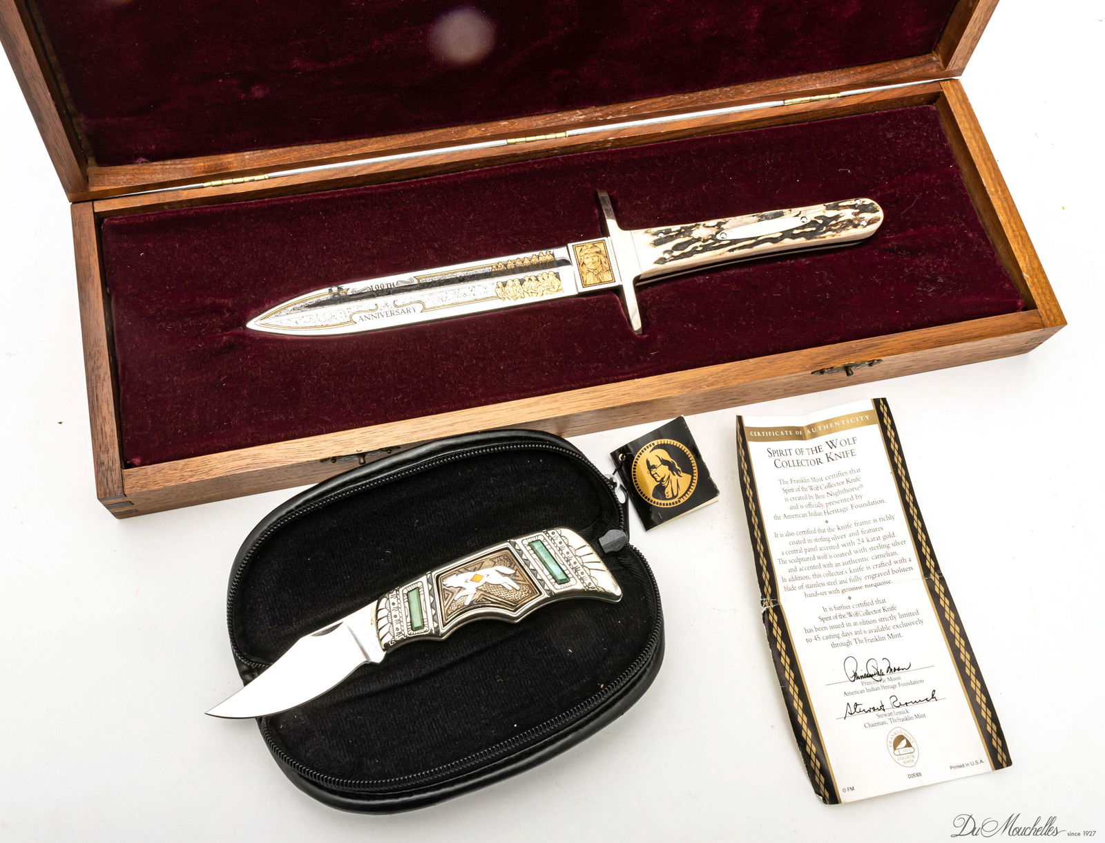 BUCK, GERONIMO 100TH ANNIVERSARY DAGGER AND FRANKLIN MINT 'SPIRIT OF WOLF' POCKET KNIFE, TWO PIECES, (1 of 2)