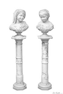 THOMAS BALL (AMERICAN, 1819-1911), CARVED CARRARA MARBLE BUSTS WITH PEDESTALS, C. 1868 AND 1873,: THOMAS BALL (AMERICAN, 1819-1911), CARVED CARRARA MARBLE BUSTS WITH PEDESTALS, C. 1868 AND 1873, TWO, H 19", W 13", LA PETITE PENSÉE AND SUNSHINE Two carved Carrara marble sculptures by the