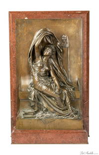 HENRI MICHEL-ANTOINE CHAPU, (FRENCH 1833-1891), BAS RELIEF BRONZE SCULPTURE, LATE 19TH CENTURY, H: HENRI MICHEL-ANTOINE CHAPU, (FRENCH 1833-1891), BAS RELIEF BRONZE SCULPTURE, LATE 19TH CENTURY, H 28.5", W 18", D 7", MEMORIAL PLAQUE Bronze relief with the figure of a female with a rouge marble back