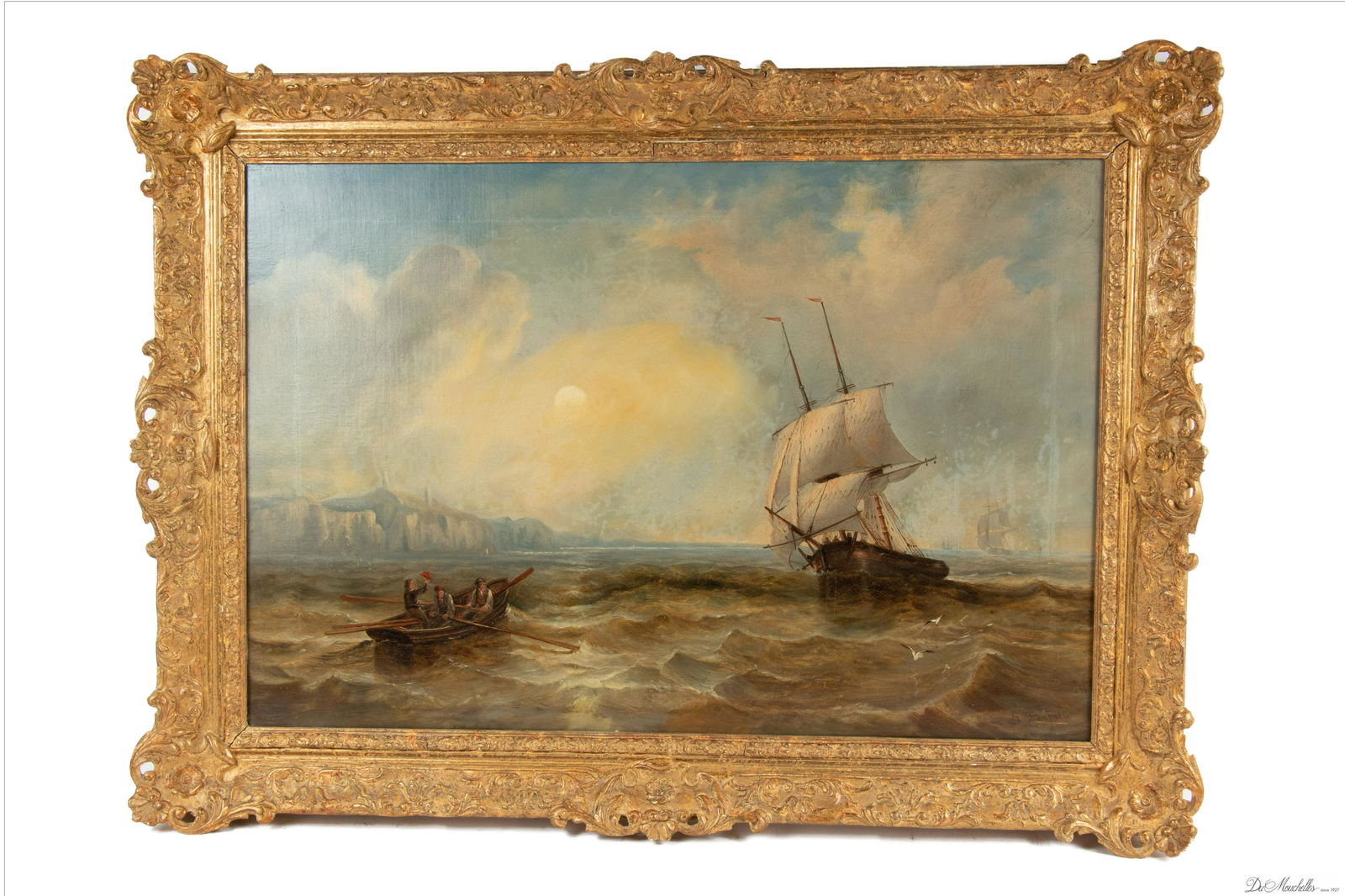 GEORGE CLARKSON STANFIELD (BRITISH, 1828-1878) OIL ON CANVAS, 19TH C., H 24", W 36", SCHOONER OFF (1 of 4)