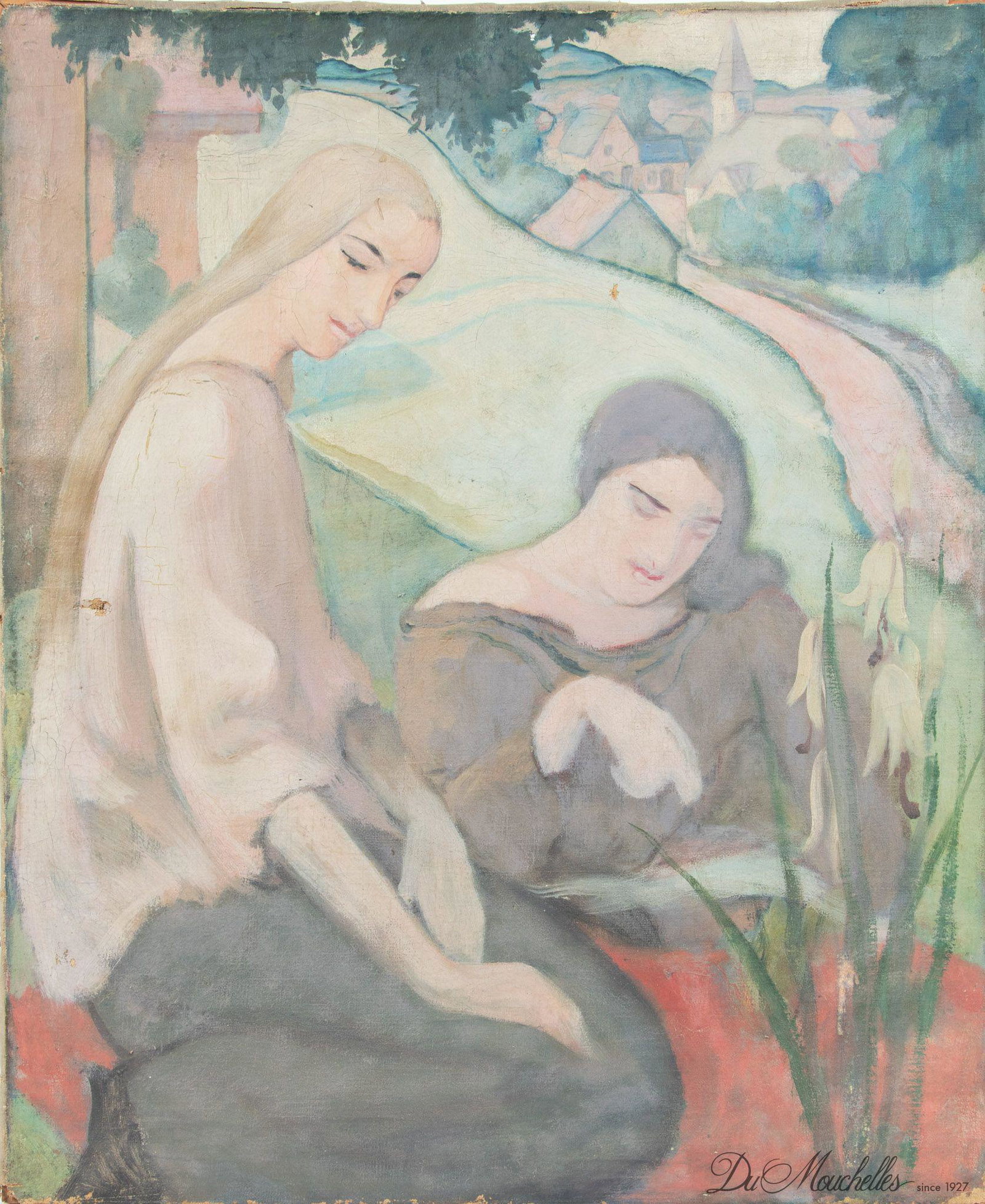 JOHN PALMER WICKER, (AMERICAN 1860-1931), OIL ON CANVAS, TWO WOMEN, INSCRIBED ON VERSO "NO. 22": JOHN PALMER WICKER, (AMERICAN 1860-1931), OIL ON CANVAS, TWO WOMEN, INSCRIBED ON VERSO "NO. 22" Depicting two young woman reading near flowers, with rolling hills in verso. Unframed, Devoe stretcher. 