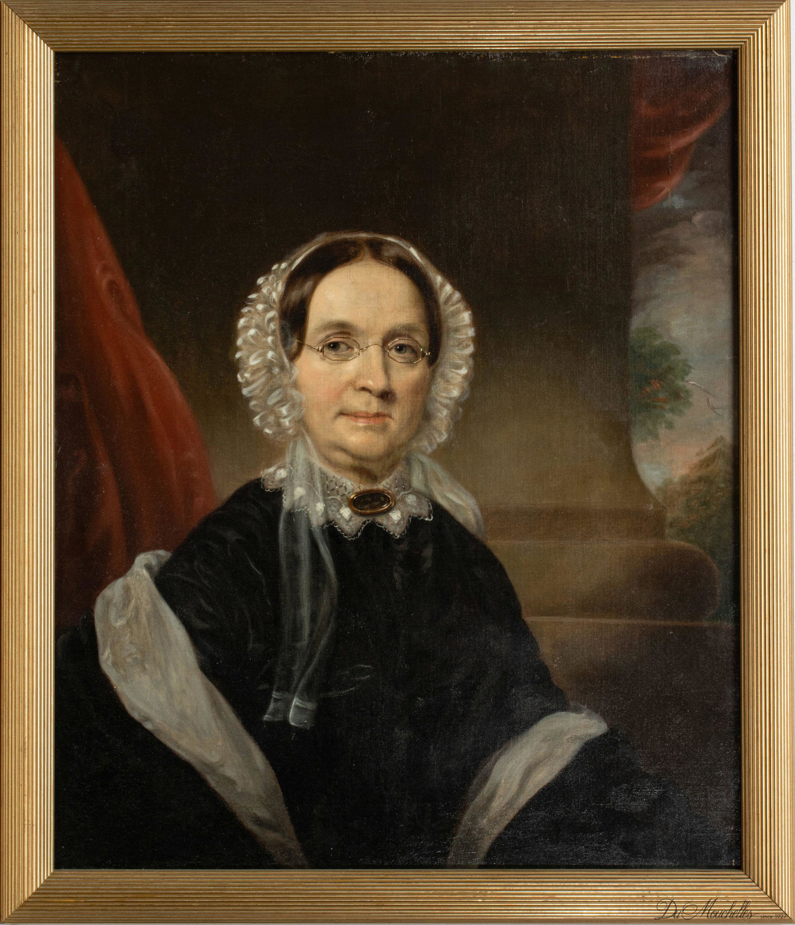 AMERICAN SCHOOL OIL ON CANVAS, C. 1820, H 30", W 25", PORTRAIT OF WOMAN: AMERICAN SCHOOL OIL ON CANVAS, C. 1820, H 30", W 25", PORTRAIT OF WOMAN A 19th century American school oil on canvas depicting the portrait of a woman. Not signed. Circa 1820. Frame measures H 33" x L
