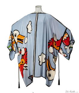 MICHAELE VOLLBRACHT, (AMERICAN 1947-2018) ROLLER-SKATING CHICKEN AND DUCK PRINT SILK CAFTAN: MICHAELE VOLLBRACHT, (AMERICAN 1947-2018) ROLLER-SKATING CHICKEN AND DUCK PRINT SILK CAFTAN Labeled on interior and in pattern.