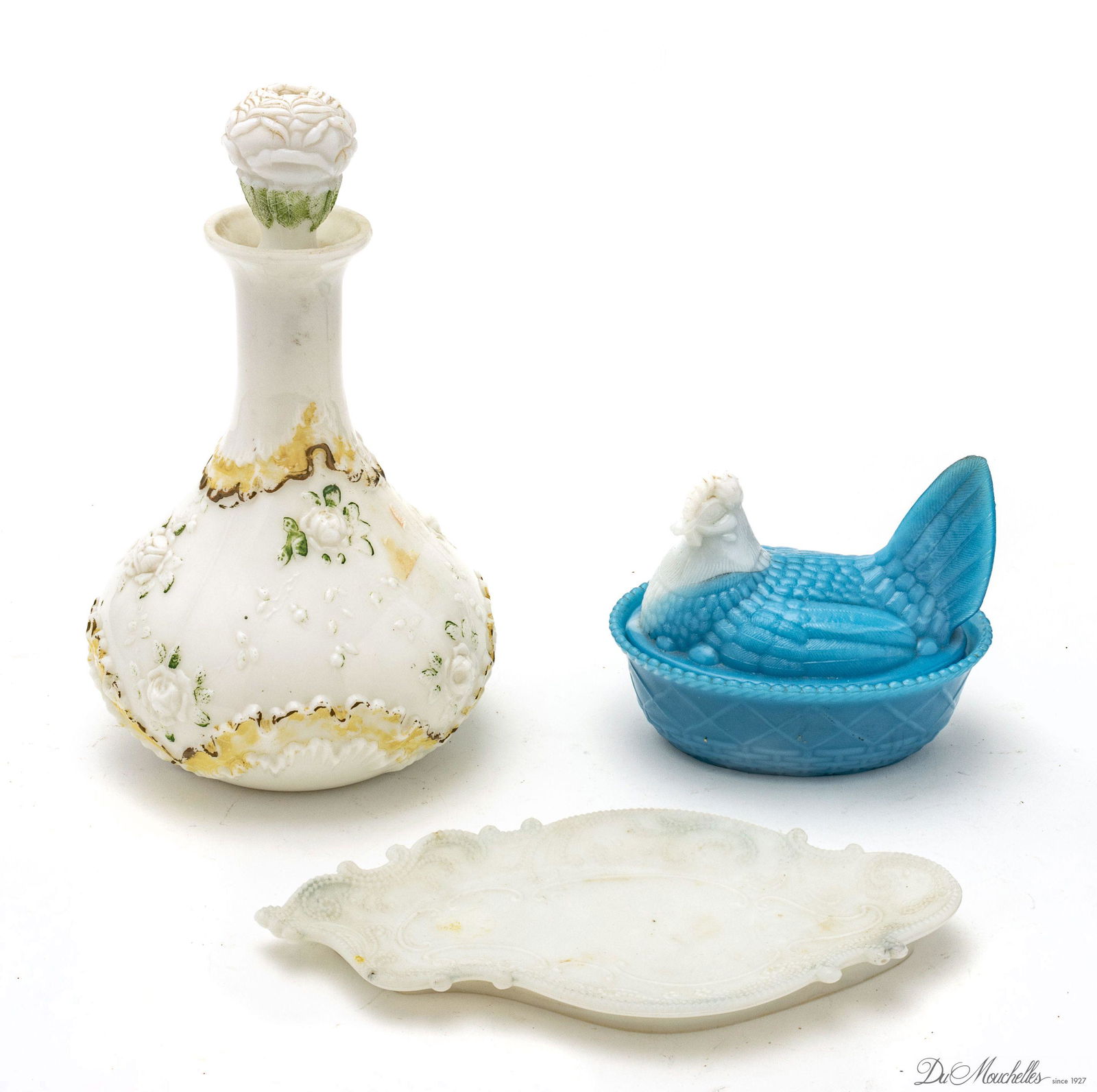 OPALINE GLASS BRANDY-BOTTLE 6"DIA; SLAG CHICKEN NEST WITH EGGS 5"L.,TRAY 9" L.  SIGNED TRAY 9" 1850- (1 of 3)