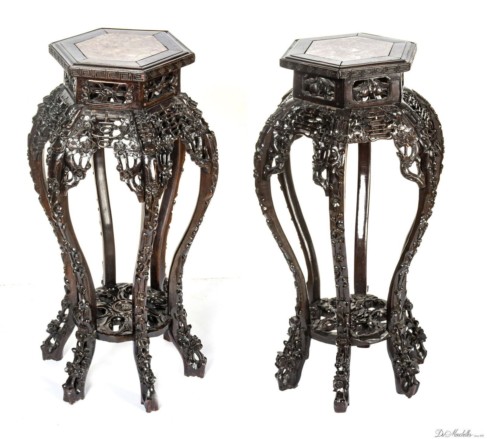 PAIR OF CARVED WOOD AND ROUGE MARBLE TOP PEDESTALS, H 31.5", DIA 16" (1 of 2)