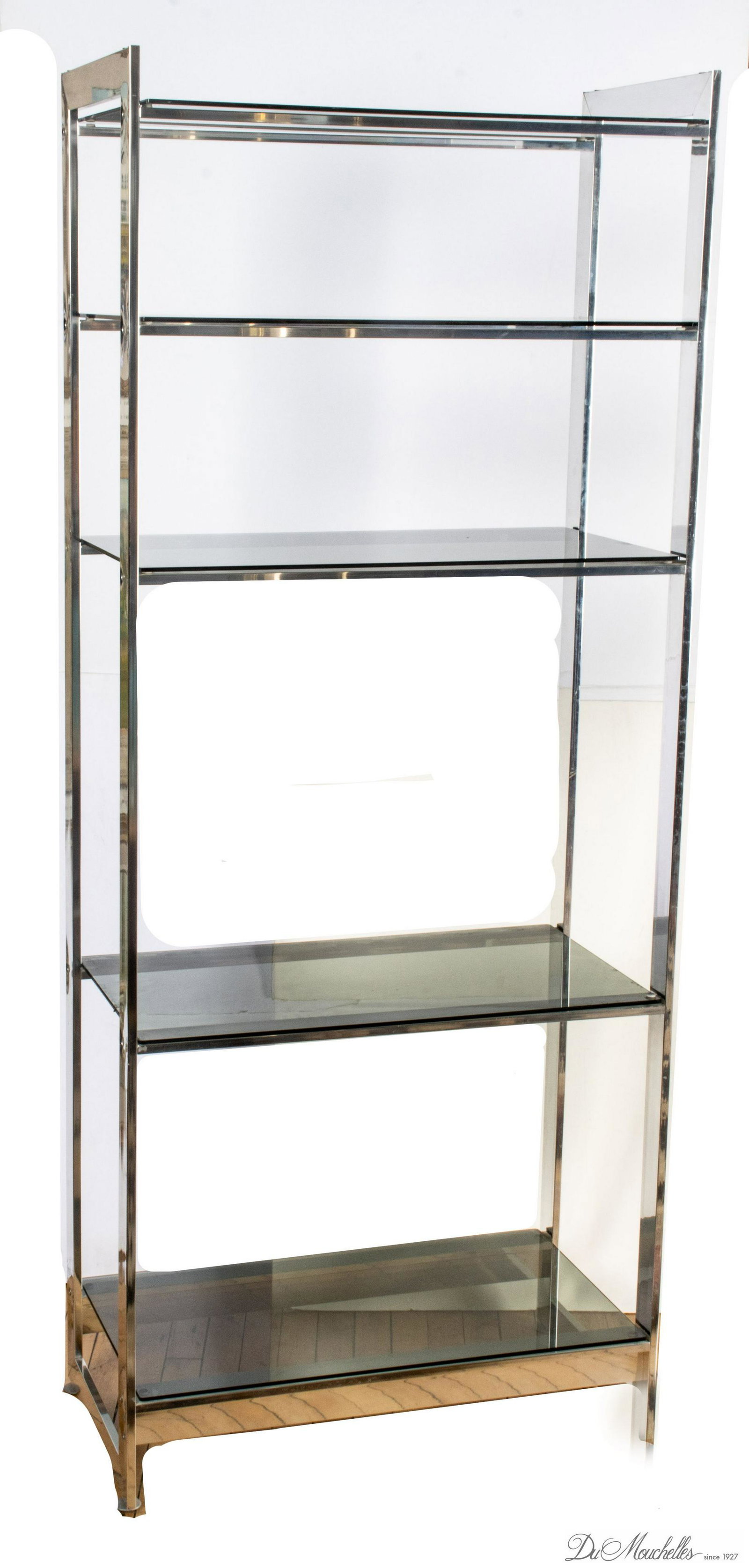 MODERN STEEL AND GLASS ETEGERE, H 74", W 30.5", D 16.5": MODERN STEEL AND GLASS ETEGERE, H 74", W 30.5", D 16.5" With smoky glass shelves.