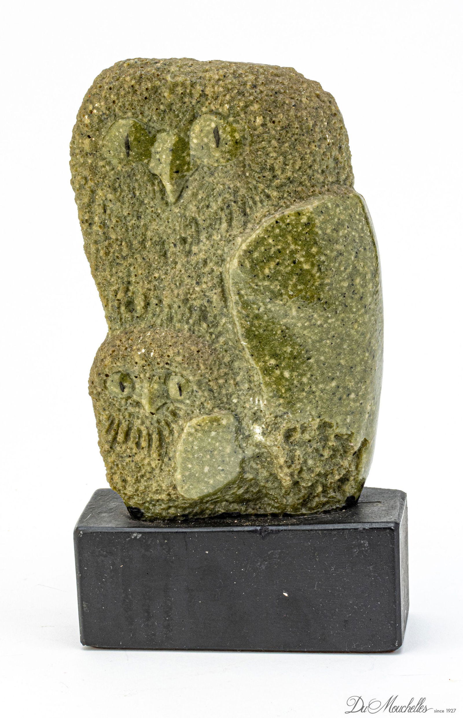 FRANK ELISCU, AMER. 1912 - 96, CARVED STONE OWL H 8" - 10": FRANK ELISCU, AMER. 1912 - 96, CARVED STONE OWL H 8" - 10" Contemporary carving. Signed. 8" owl only. 10" with stand. From a Bloomfield Hills, Mi. estate.