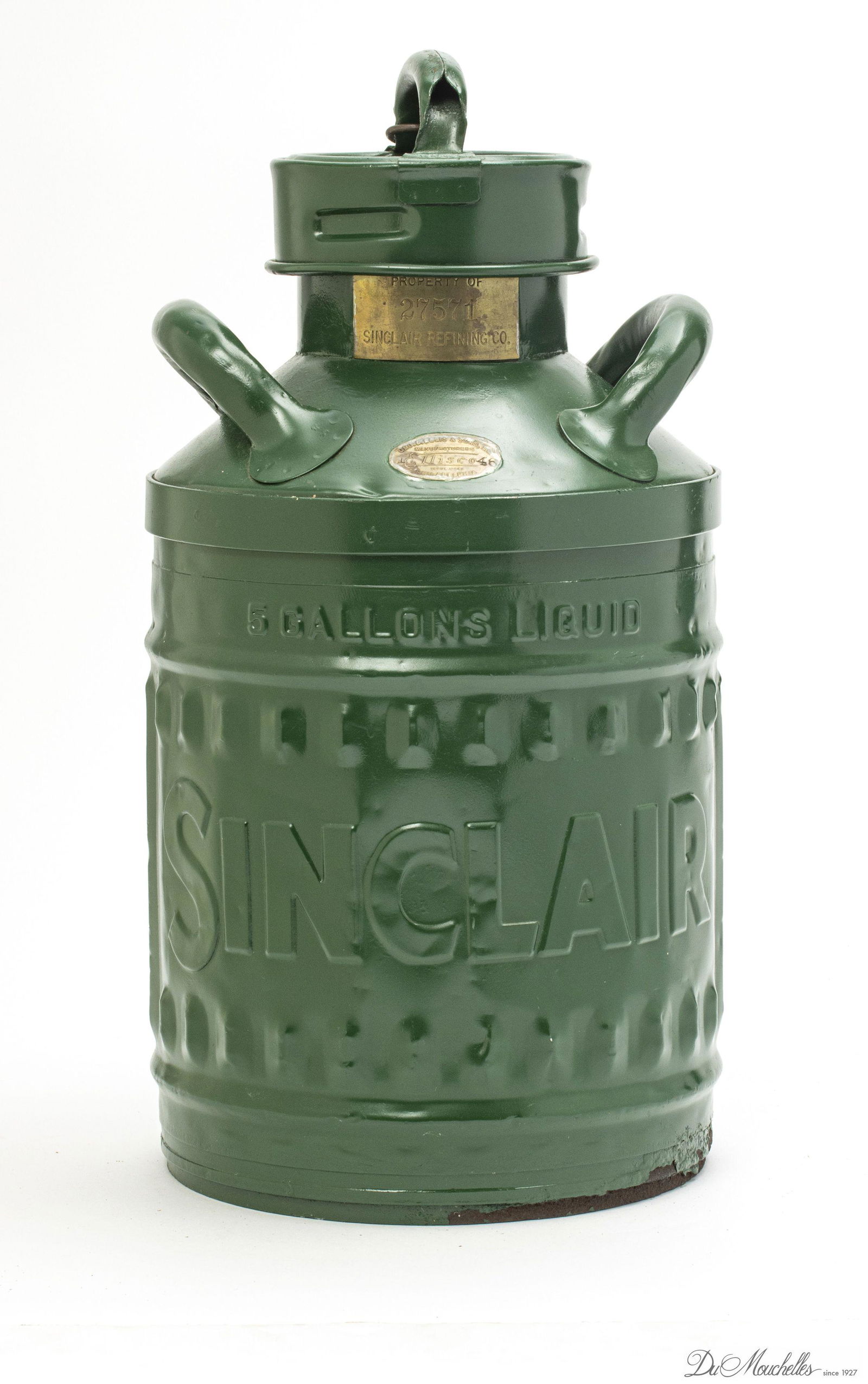 SINCLAIR REFINING CO. FIVE GALLON GAS CONTAINERS, TWO, H 21", DIA 11" (1 of 4)
