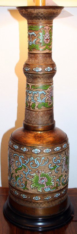 CHINESE CHAMPLEVÉ AND BRONZE CANDLESTICK/LAMP,: CHINESE CHAMPLEVÉ AND BRONZE CANDLESTICK/LAMP, C1900, H 22":champlevé and bronze candlestick mounted as a table lamp; Chinese; floral designs having light blue and green tones; overall height with s