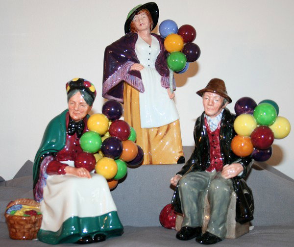 ROYAL DOULTON PORCELAIN FIGURINES, 3 PCS., H 7": ROYAL DOULTON PORCELAIN FIGURINES, 3 PCS., H 7":includes: 'Old Balloon Seller', Hn1315, 'Balloon Lady, Hn2935, 'The Balloon Man', Hn1954; From the Estate of Irene Citron, West Bloomfield