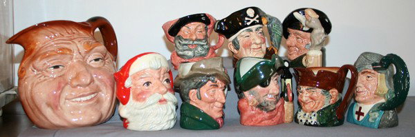 ROYAL DOULTON PORCELAIN JUGS, 'ST. GEORGE', : ROYAL DOULTON PORCELAIN JUGS, 'ST. GEORGE', 'LONG JOHN SILVER', ETC., 9 PCS., H 4" & 7":includes one @ 7" H, 'John Barleycamp'; eight @ 4" H. and include: 'St. George', 'The Poacher', 'Tam O'Shanter',