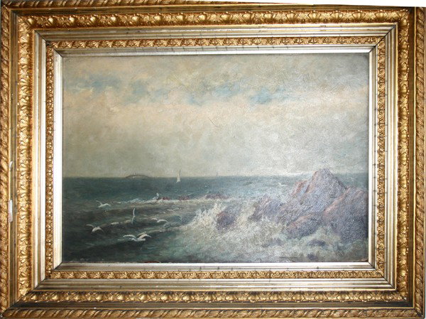 OIL ON CANVAS ON BOARD, 12" X 18", SEASCAPE: OIL ON CANVAS ON BOARD, 12" X 18", SEASCAPE:depicts rocky sea shore with seagulls and island light house on horizon; gilt wood frame; From the Estate of Walter Lincoln Fry, Industrialist and global tr