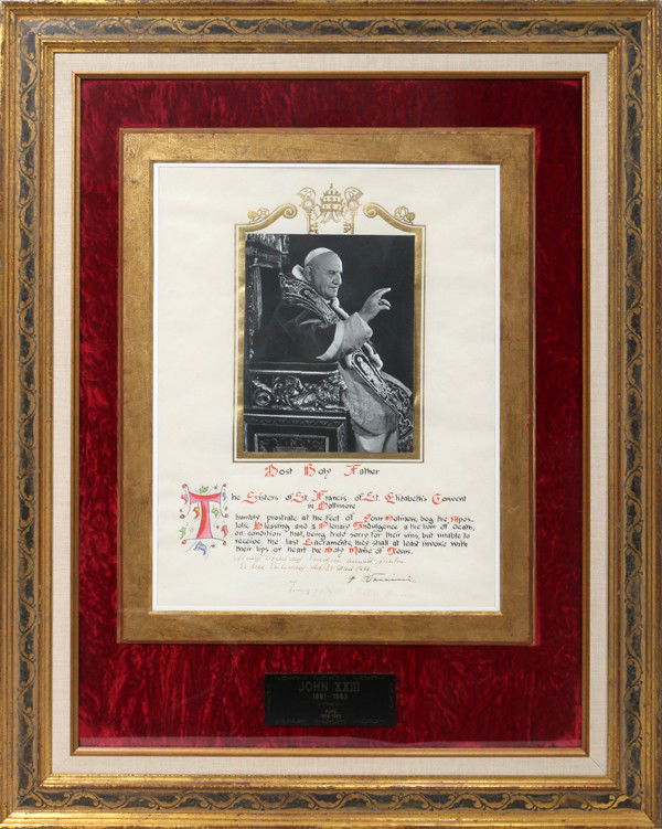 POPE JOHN XXIII SIGNED BLESSING AND PHOTOGRAPH: POPE JOHN XXIII SIGNED BLESSING AND PHOTOGRAPH, H 22", W 13":Includes a signed blessing by Pope John XXIII with a black and white photo print of Pope John XXIII. Gilt wood framed and matted under glas