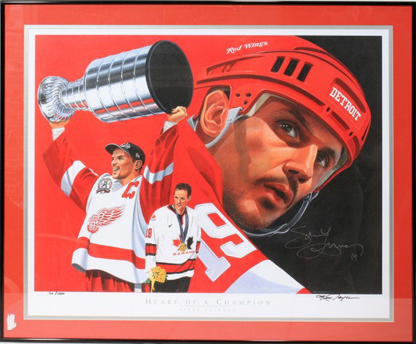 STEVE YZERMAN AUTOGRAPHED POSTER, 74/1000: STEVE YZERMAN AUTOGRAPHED 'HEART OF A CHAMPION' POSTER, 74/1000:signed: 'Steve Yzerman 19' lower right in silver Sharpie; depicts Detroit Red Wing Steve Yzerman in an enlarged 3/4 close-up shoulder vi