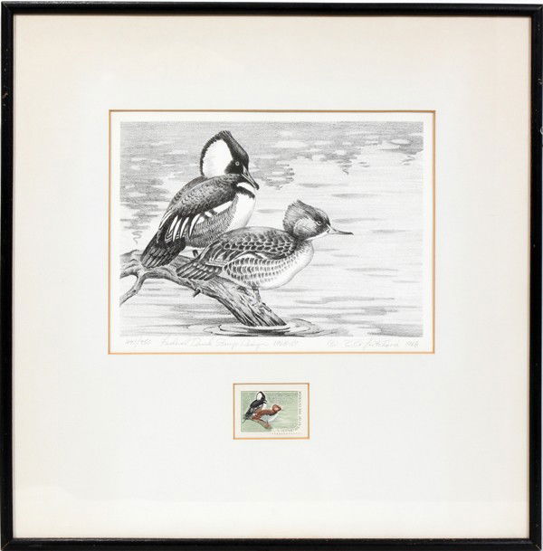 C.G PRITCHARD COLOR PRINT, #341/750, 1968,: C.G PRITCHARD COLOR PRINT, #341/750, 1968, 9" X 9", FEDERAL DUCK STAMP DESIGN, 1968-69:depicts two Hooded Mergansers on branch in marsh; includes actual stamp mounted below print; print pencil signed