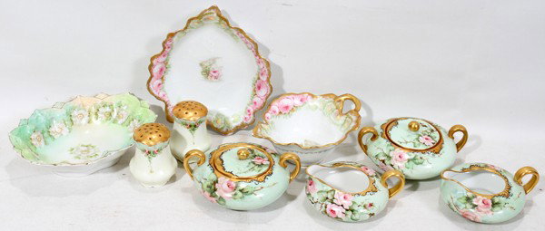 HAND PAINTED ANTIQUE CHINA, C 1900, 9 PCS.: HAND PAINTED ANTIQUE CHINA, C 1900, 9 PCS.:2 creamers, 2 sugar bowls, salt, pepper, 3 small dishes