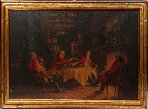 DECORATIVE PRINT WITHIN A GILT FRAME, 27" X 37": DECORATIVE PRINT WITHIN A GILT FRAME, 27" X 37" OVERALL:English gentlemen sitting at a table next to a fireplace smoking pipes and drinking wine; Print is after Frank Moss Bennett.