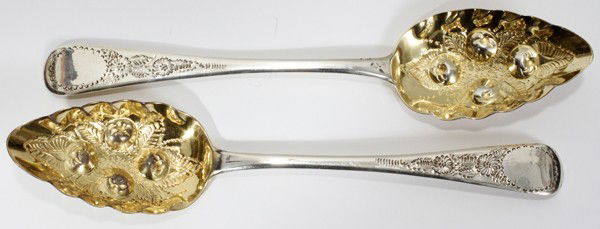 GEORGE III STERLING BERRY SPOONS, LONDON,: GEORGE III STERLING BERRY SPOONS, SARAH & JOHN WILLIAM BLAKE, LONDON, 1818-19, PAIR, L 8 3/4":Marked with a lion, a crowned leopard, the date letter "c", the monarch (George III) and maker's mark of "