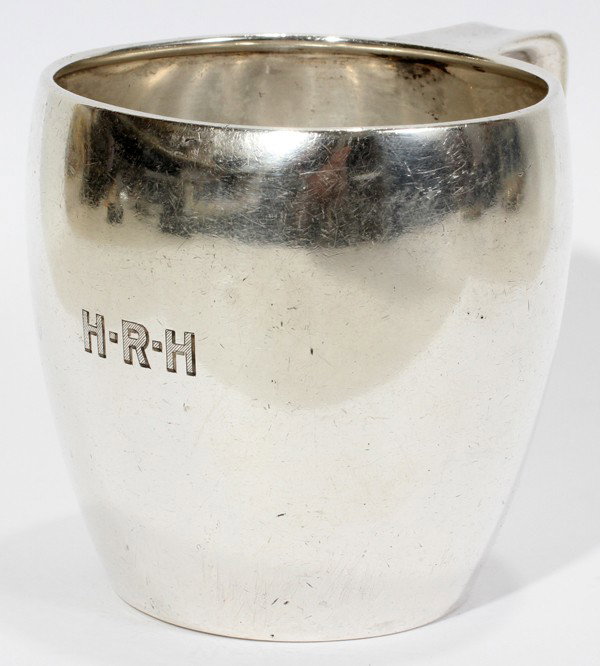 TIFFANY & CO. STERLING CHILD'S MUG, C. 1911, : TIFFANY & CO. STERLING CHILD'S MUG, C. 1911, H 2 3/4" (#18080-3732):Monogram "HRH"; stamped "Tiffany & Co./18080 Makers 3732/ Sterling Silver /925-1000/ M [1907-47, for John C. Moore]" at the undersid
