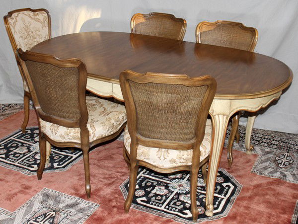 JOHN WIDDICOMB PROVINCIAL STYLE DINING TABLE: JOHN WIDDICOMB PROVINCIAL STYLE DINING TABLE, CHAIRS (6), & BREAKFRONT:Including 1 dining table, a set of 6 chairs, and 1 breakfront/china cabinet; each piece decorated white.