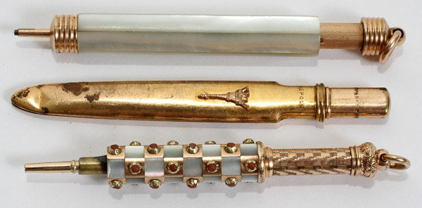 VICTORIAN PENCILS, LATE 19TH C., THREE, : VICTORIAN PENCILS, LATE 19TH C., THREE, L 2 1/2"-4 1/2":Yellow gold filled pencils include 2 with mother-of-pearl and 1 Paris souvenir pencil with cover featuring the Eiffel Tower.