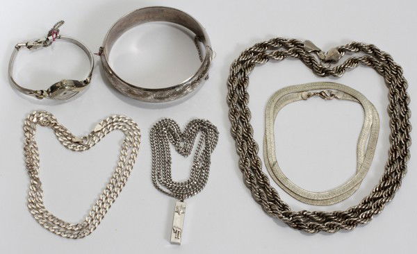 BULOVA WATCH, SILVER CHAINS & BANGLE BRACELET: BULOVA WATCH, SILVER CHAINS, L 16", 18", 22", 28", & BANGLE BRACELET:Bulova lady's watch is vintage and appears never to have been used. Three chains: 16", 18", 22", 28".