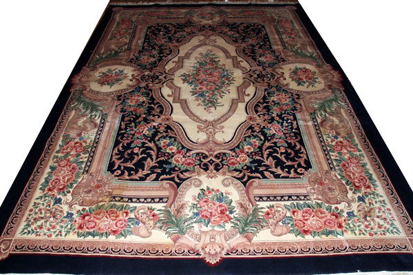 INDO-PERSIAN STYLE WOOL AUBUSSON CARPET 10' 1": INDO-PERSIAN STYLE WOOL AUBUSSON CARPET 10' 1" X 14' 1":Navy and oatmeal ground with multi colored floral patterns.