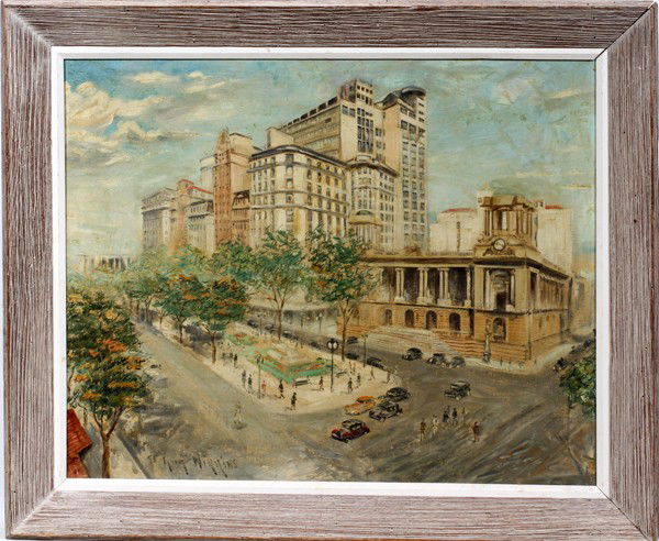 GUY CARLETON WIGGINS, OIL ON CANVAS, 25" X 30": GUY CARLETON WIGGINS, OIL ON CANVAS, 25" X 30", 'NEW YORK STREET SCENE': AMERICAN 1883-1962:Signed lower left and on verso. Framed.