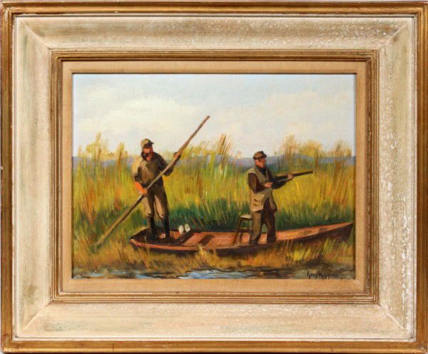 GUY CARLETON WIGGINS OIL/CANVAS BOARD 12" X 16": GUY CARLETON WIGGINS, OIL ON CANVAS BOARD 12" X 16" 'DUCK HUNTERS': AMERICAN 1883-1962:Signed lower right. Framed.