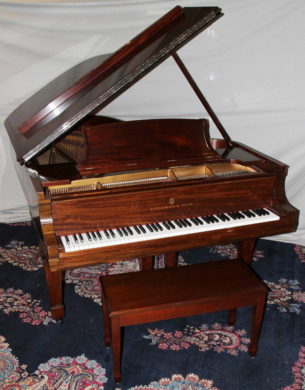 STEINWAY MAHOGANY HEPPLEWHITE STYLE PIANO, 1912: STEINWAY MODEL B MAHOGANY HEPPLEWHITE STYLE PIANO, 1912, L 82", W 56", #155078, MATCHING BENCH:Tapered legs with spade feet.