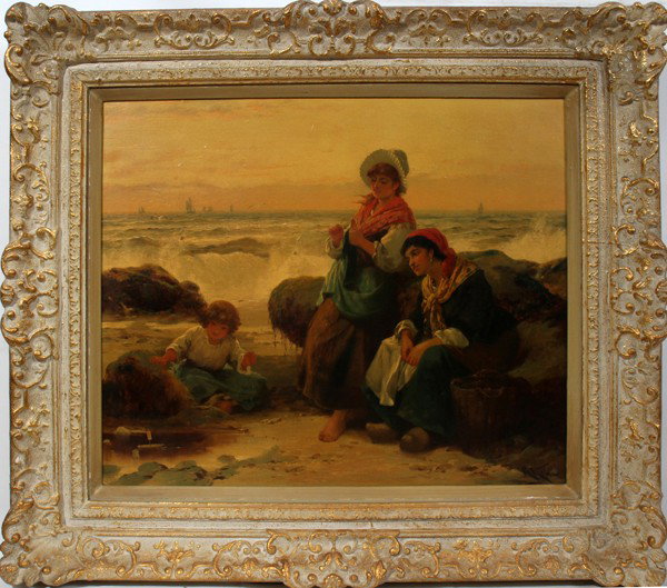 ROBERT KEMM, OIL ON CANVAS 20" X 24" TOY BOAT:: ROBERT KEMM, OIL ON CANVAS 20" X 24" TOY BOAT: BRITISH 1837 - 95:Signed lower right, "R. Kemm". J. L. Hudson label on frame. Framed. Scene of two ladies on beach, one holding stick to see which way th