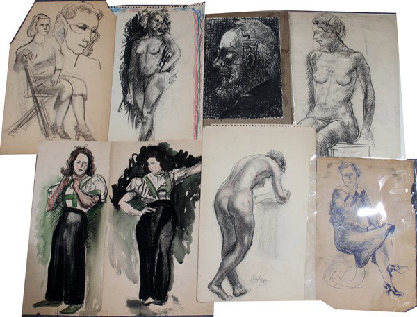 HALEY LEVER, 12 SKETCHES IN PENCIL, CRAYON &: HALEY LEVER, 12 SKETCHES IN PENCIL, CRAYON & WATERCOLOR + 1 ETCHING, 7" X 10" - 24" X 11", 13 PIECES:13 pieces total. Mostly figurative but 2 house scenes and 2 bird bath scenes; the etching depicts a