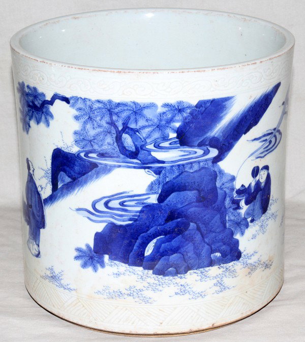 CHINESE BLUE WHITE PORCELAIN BRUSH POT H 7 3/8": CHINESE BLUE WHITE PORCELAIN BRUSH POT, H 7 3/8", DIA 7 3/4":Featuring two people walking to village, a Master and two men playing a board game plus bats.