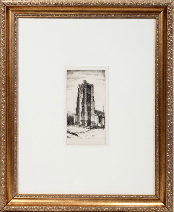 JOHN TAYLOR ARMS, ETCHING 6 3/4" X 3 7/8": JOHN TAYLOR ARMS, ETCHING 6 3/4" X 3 7/8" "LAVENHAM, ENGLAND":Pencil signed and numbered III. Edition of 224. "Levenham, England. Framed. Frame size is 21" x 17".